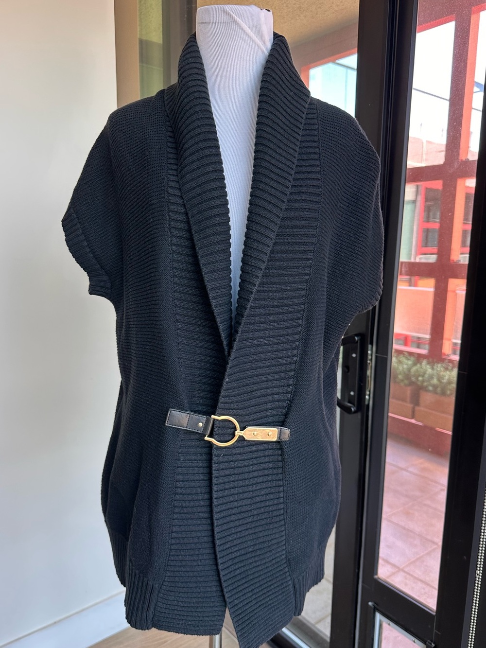 Chaps Black Ribbed Knit Cardigan with Buckle Accent